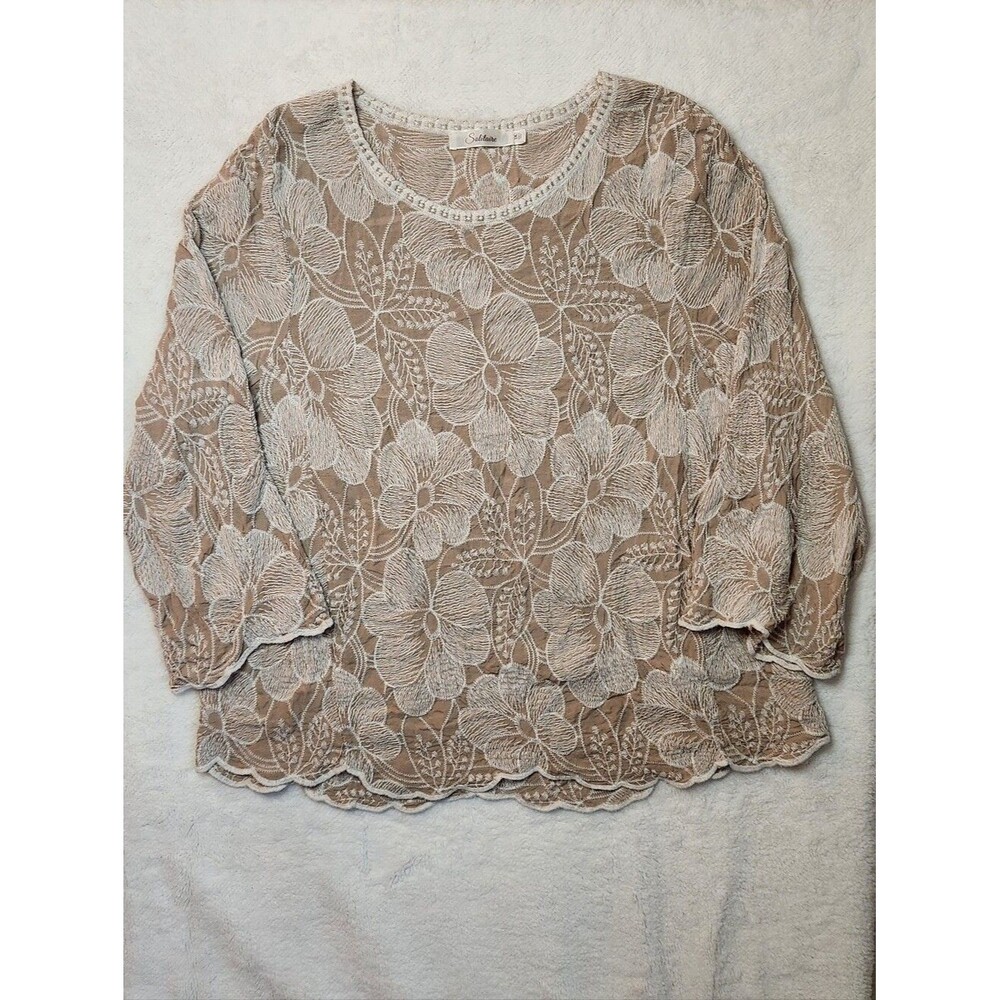 Solitaire Beige Lace Floral Blouse Size 1X